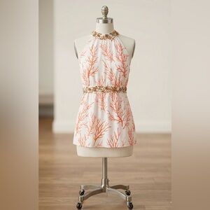 MICHAEL Michael Kors Silk Coral Print Halter Top with Embellished Waist, Size 10